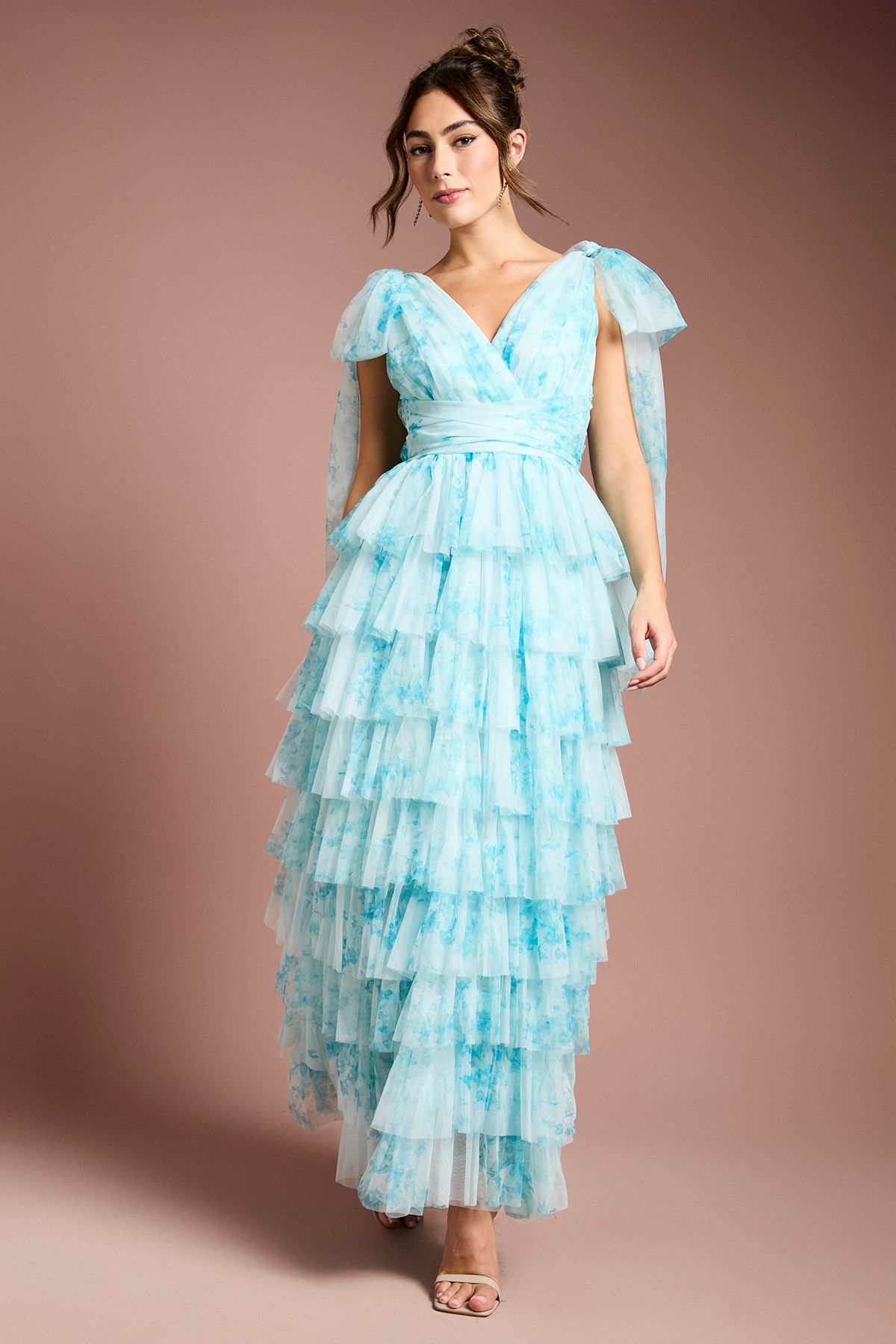 Coast Printed Ruffle Mesh Maxi Dress Blue