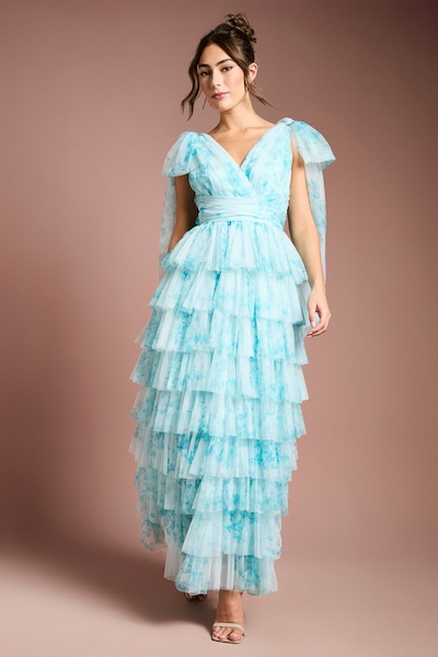 Coast Printed Ruffle Mesh Maxi Dress Blue