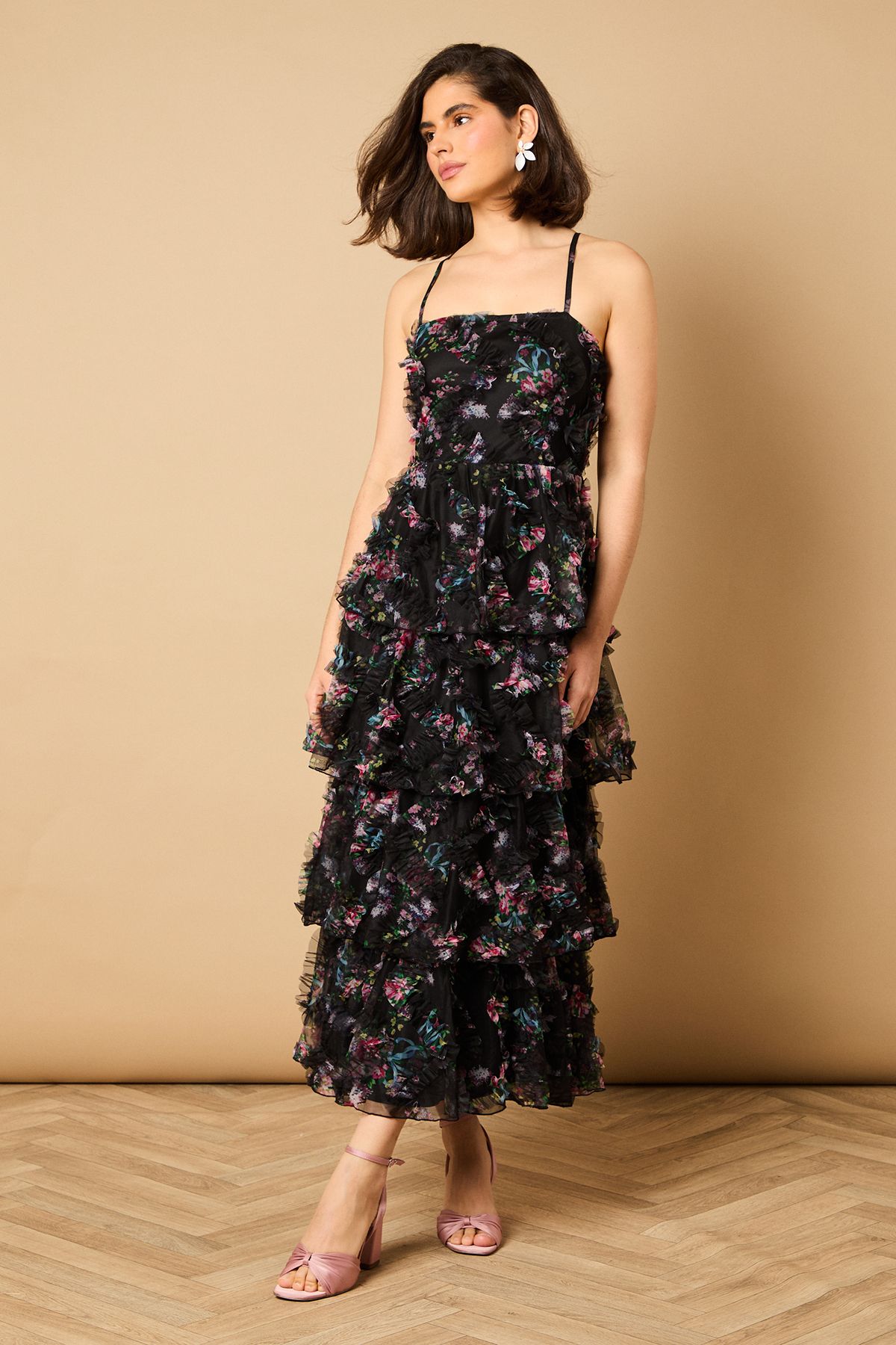 Oasis Floral Textured Strappy Midaxi Dress Black image 2