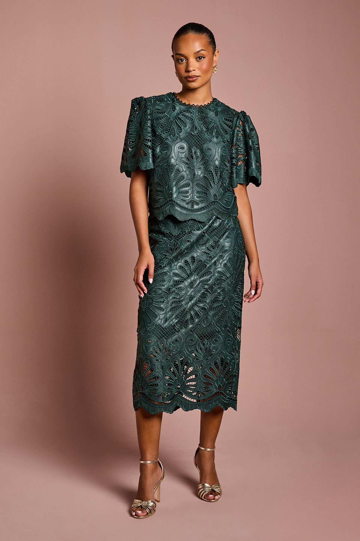 Coast Petite PU Lace Midi Skirt Emerald image 1