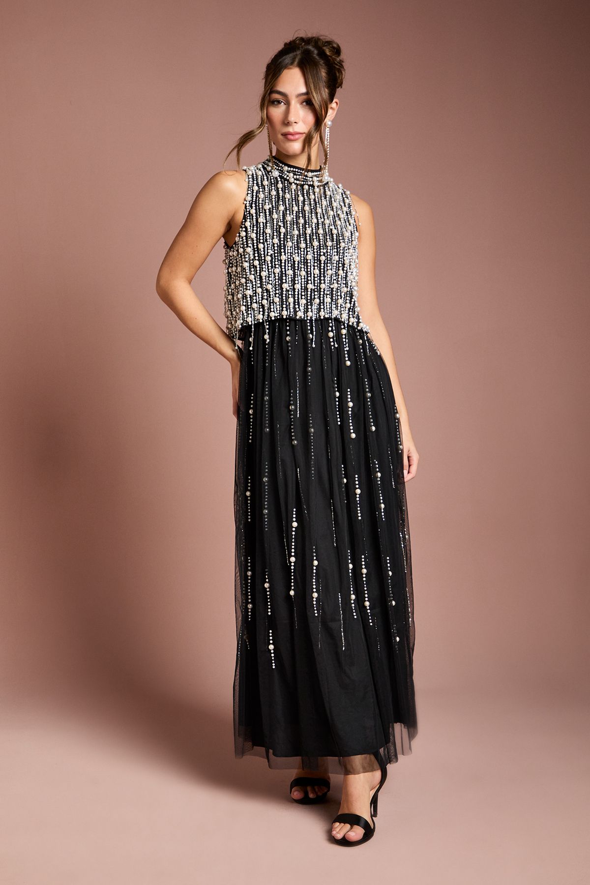 Coast Pearl Beaded Overlay Georgette Maxi Dress Black image 1