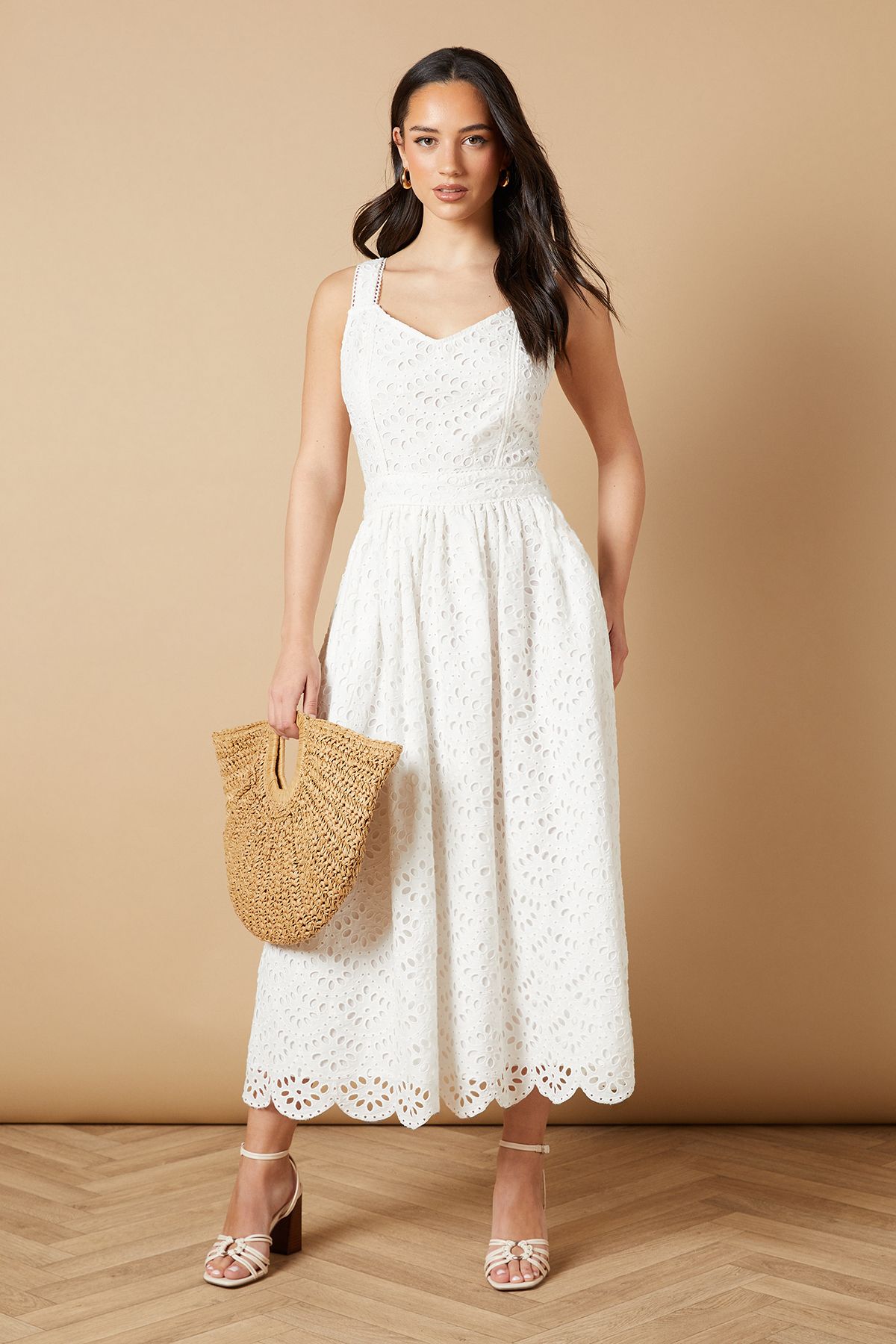 Oasis Embroidered Broderie Midi Dress White