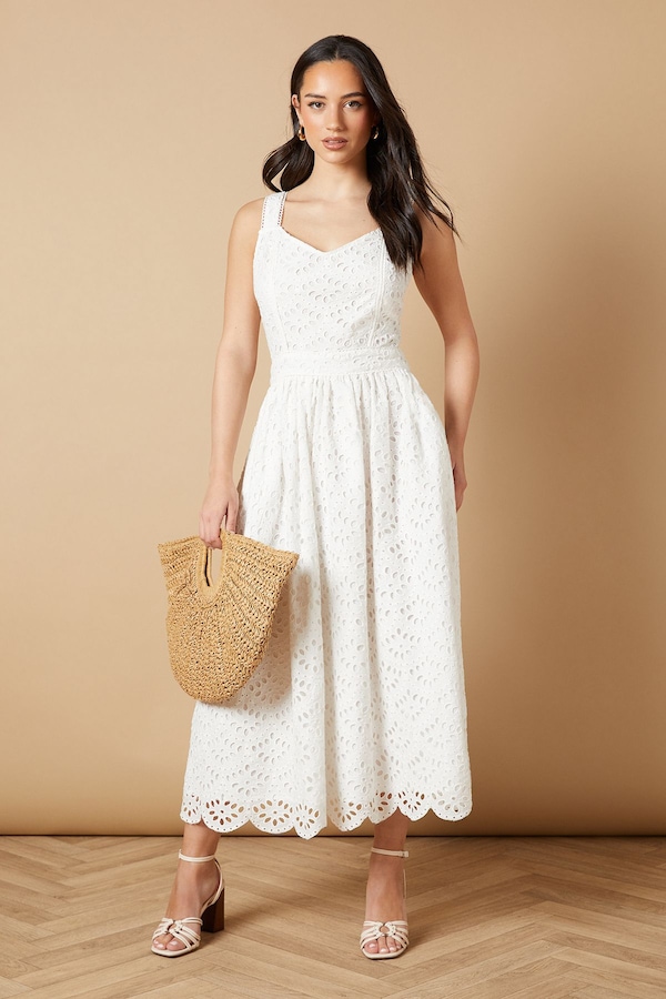 Oasis Embroidered Broderie Midi Dress White
