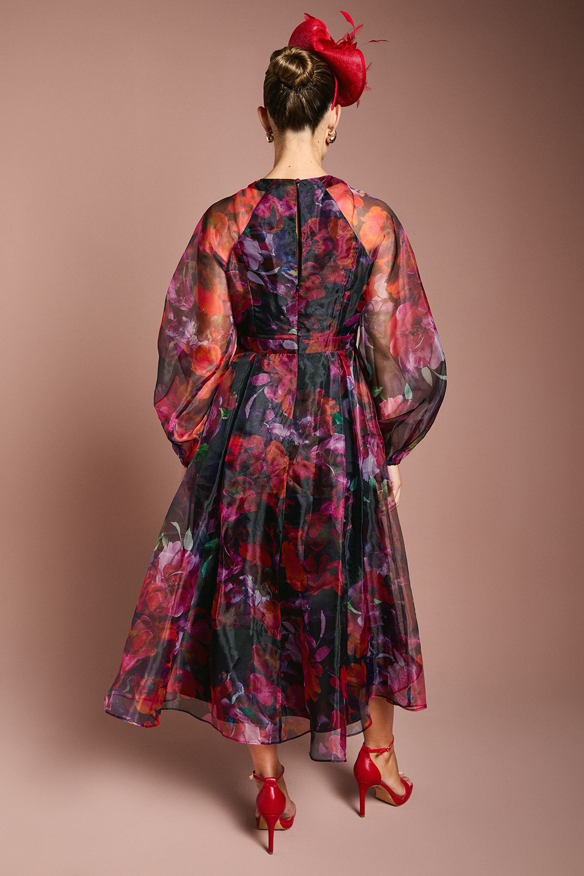 Coast Organza Wrap Waist Puff Sleeve Midi Dress Pink image 3