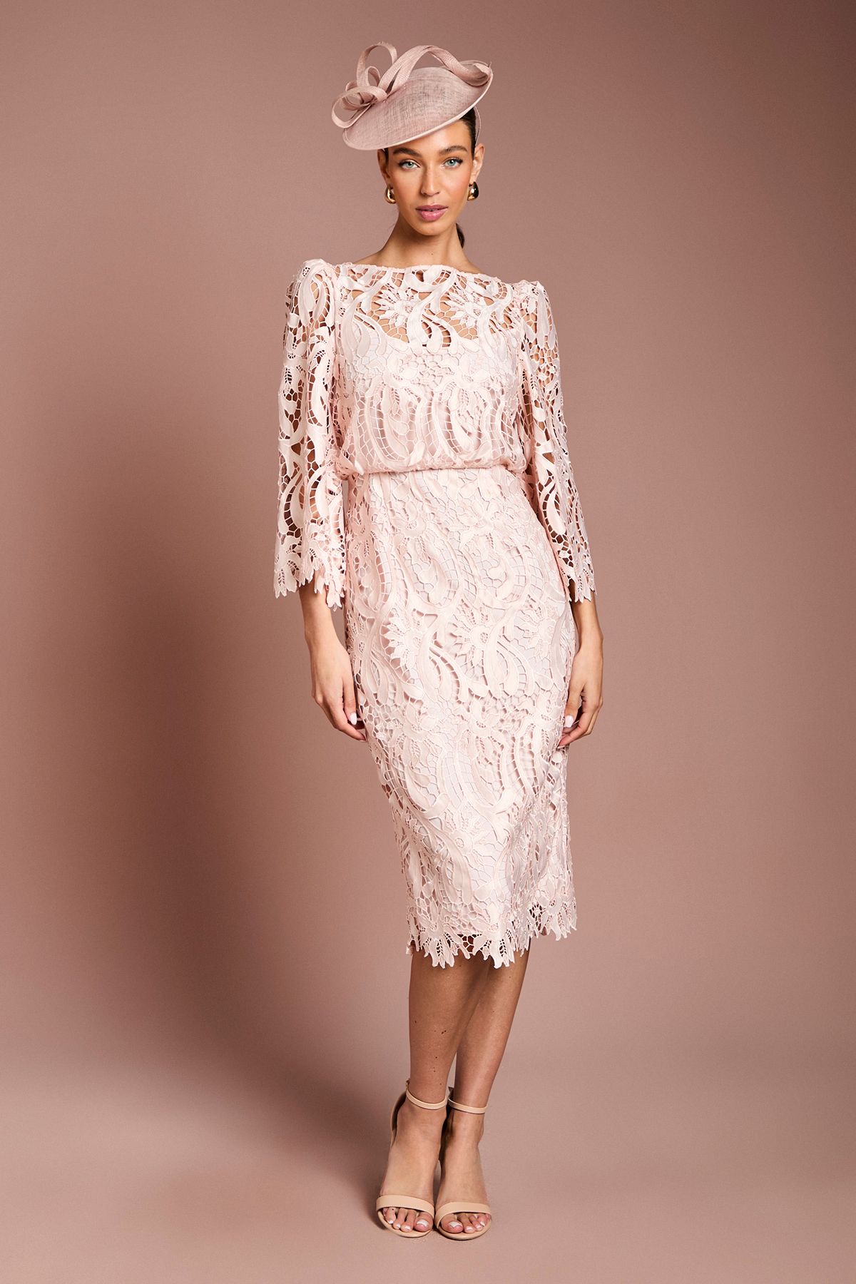 Coast Satin Lace Boat Neck Midi Dress With Fluted Sleeve Blush image 1