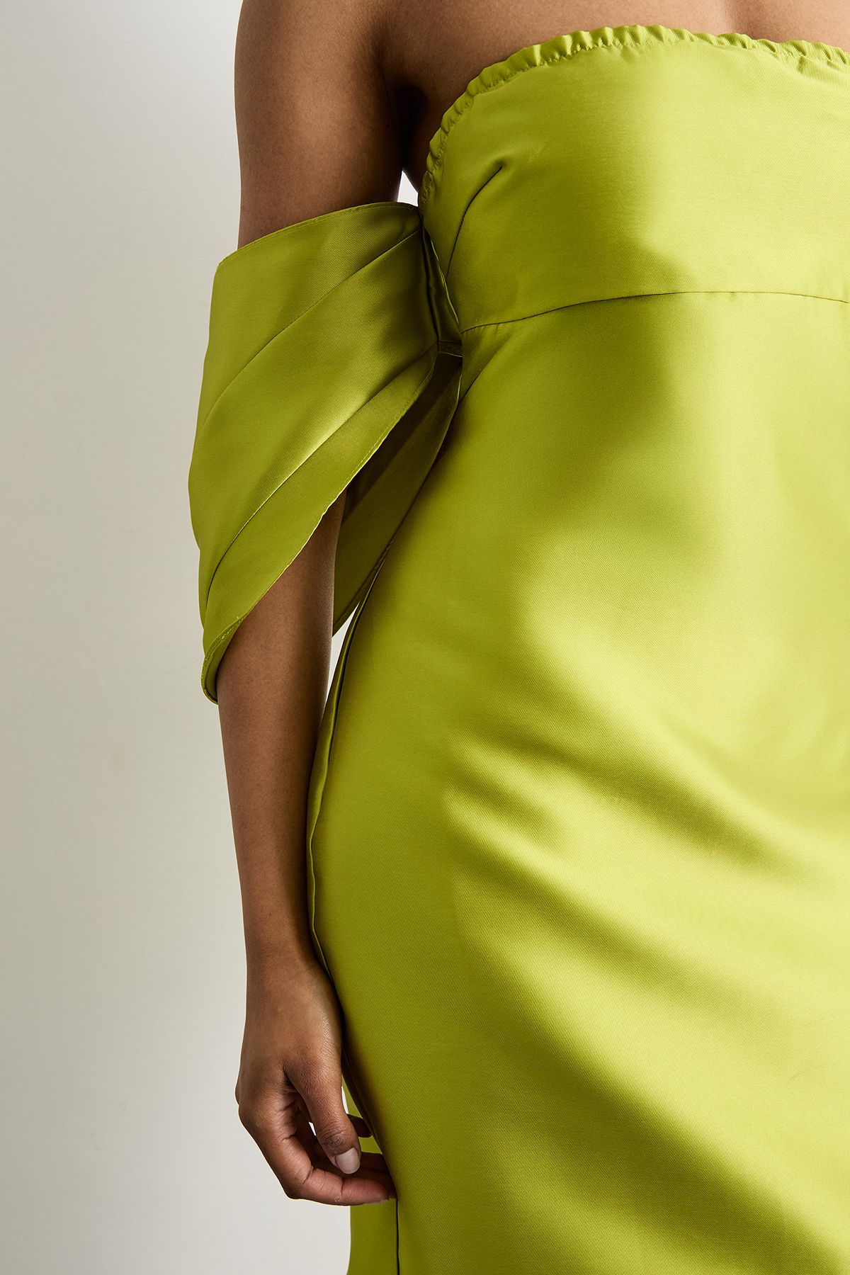 Warehouse Structured Puff Sleeve Bardot Midi Dress Chartreuse image 4