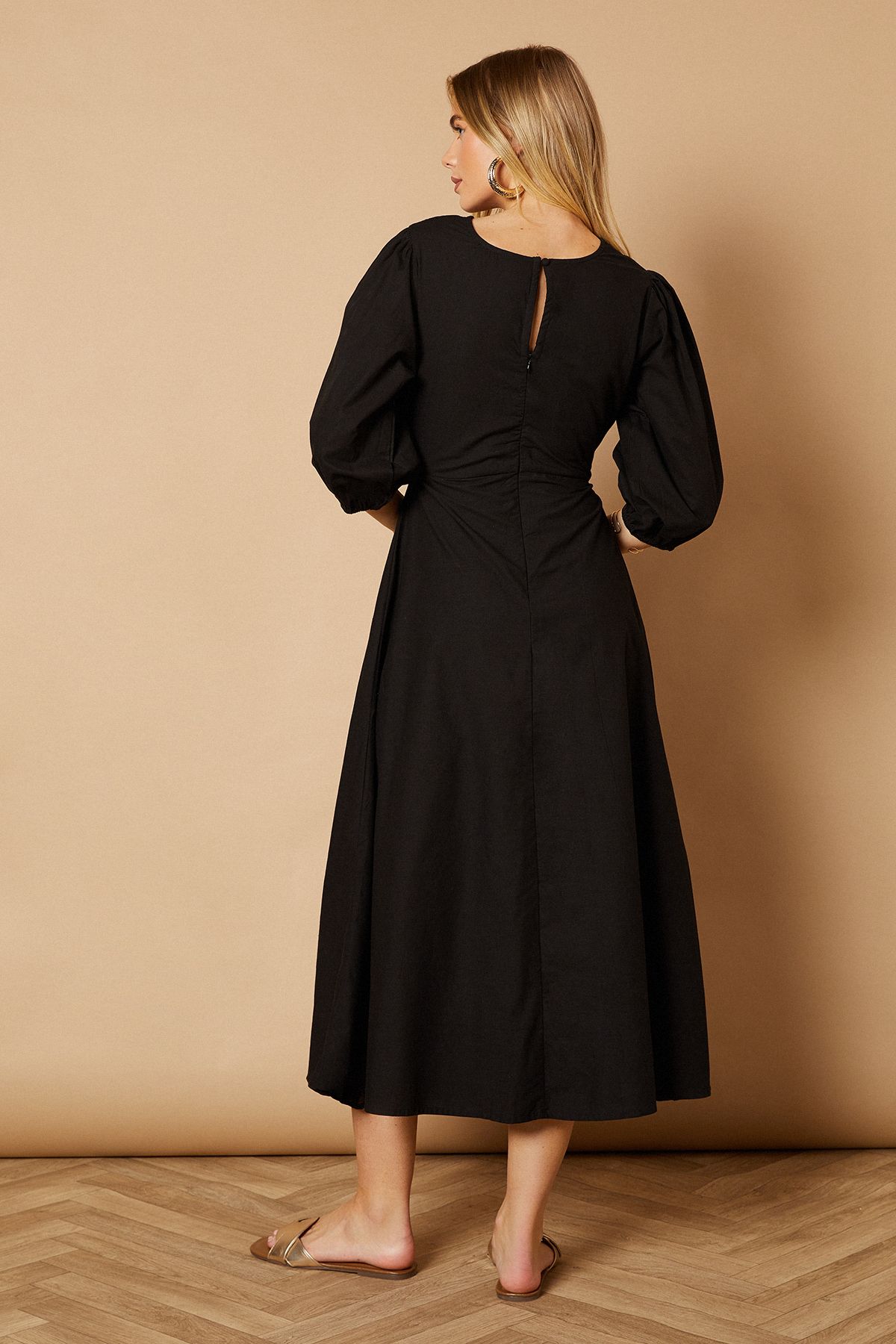 Oasis Cotton Poplin Knot Front Puff Sleeve Midi Dress Black image 4