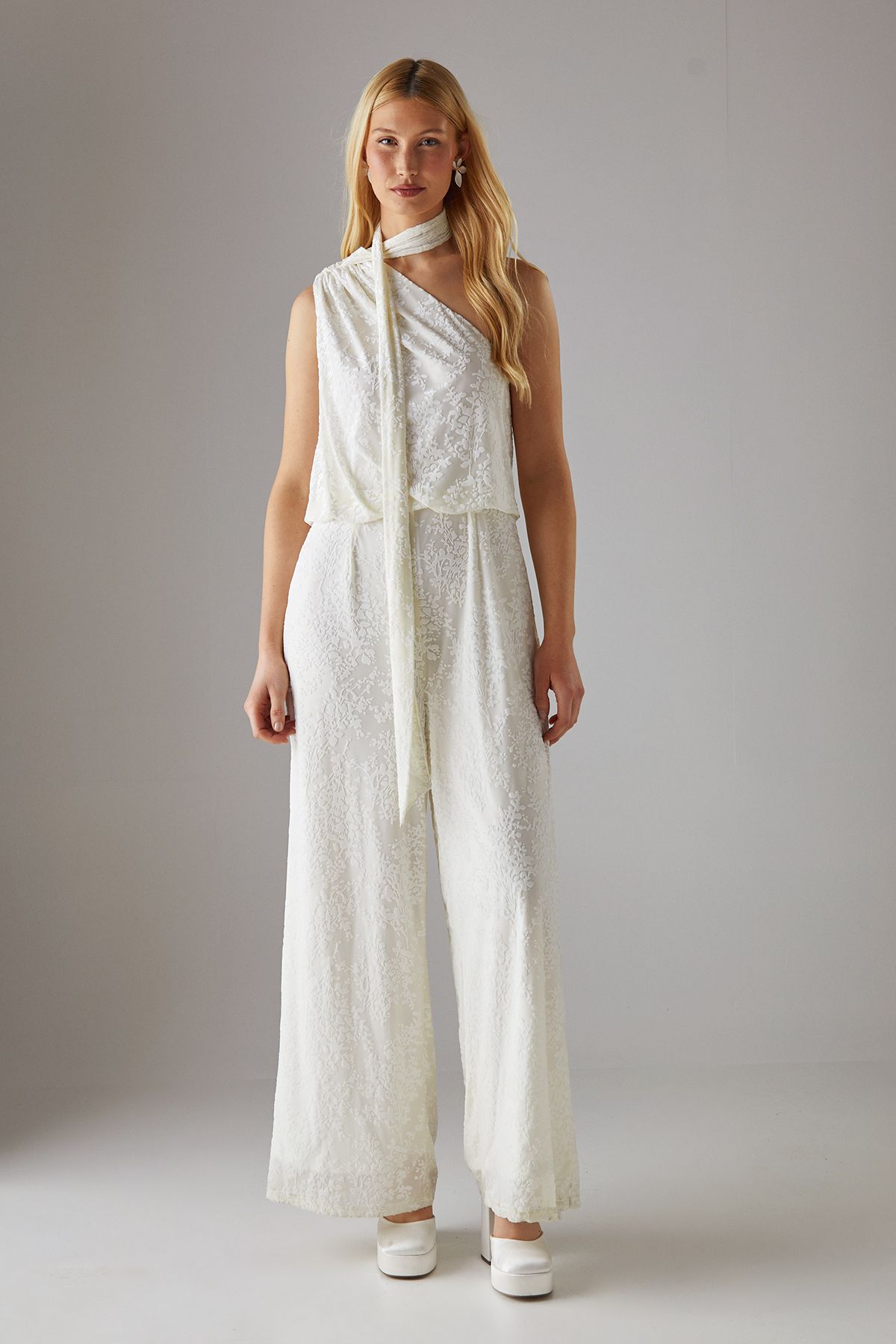 Warehouse Hen Devore One Shoulder Scarf Neck Jumpsuit Ivory image 1