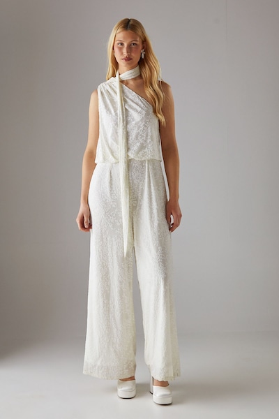 Warehouse Hen Devore One Shoulder Scarf Neck Jumpsuit Ivory