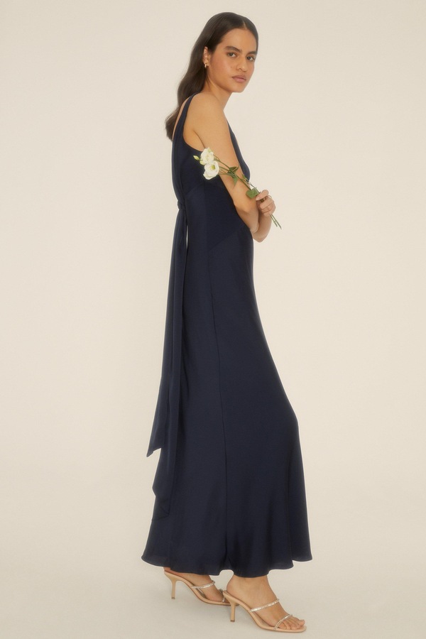 Oasis Contrast Satin Bow Back Bridesmaids Maxi Dress Navy