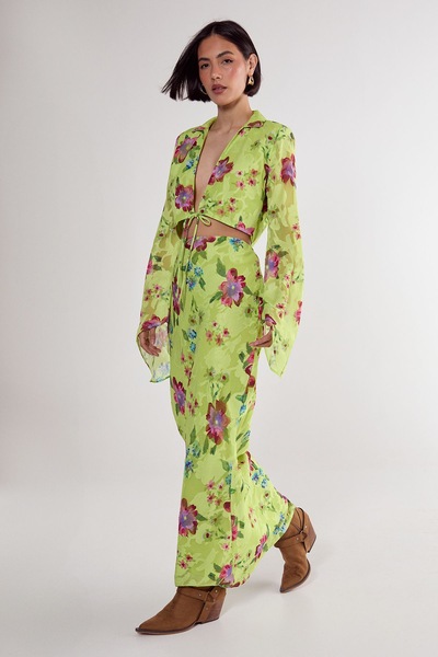 NastyGal Floral Burnout Maxi Skirt Lime