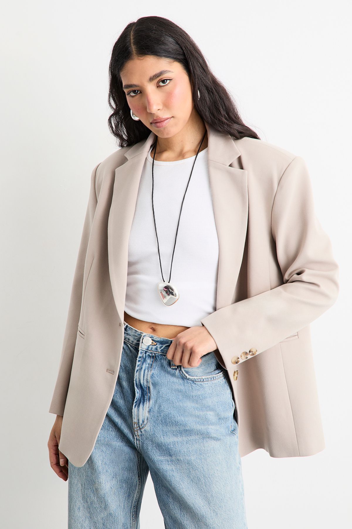 Warehouse Oversized Single Breasted Blazer Stone