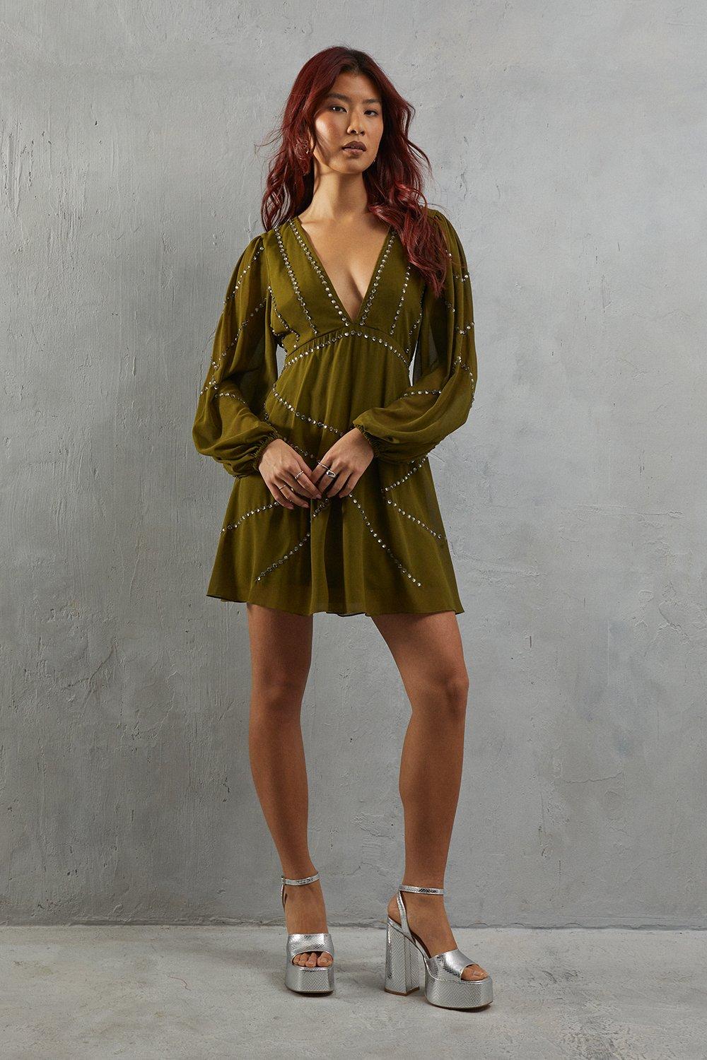 Warehouse Premium Chiffon Embellished Sequin Plunge Neck Mini Dress Olive image 2