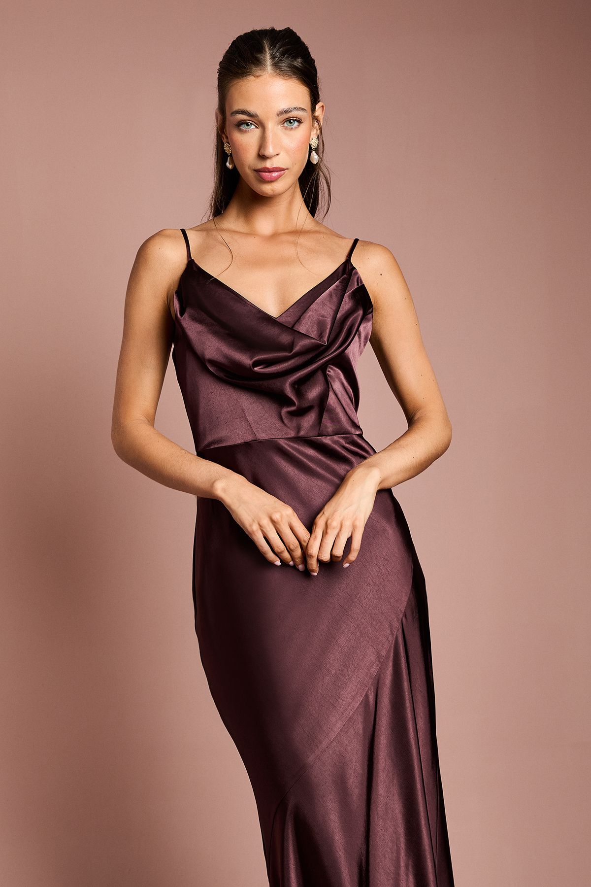 Coast Satin Strappy Cowl Neck Fishtail Maxi Bridesmaid Dress Espresso image 2