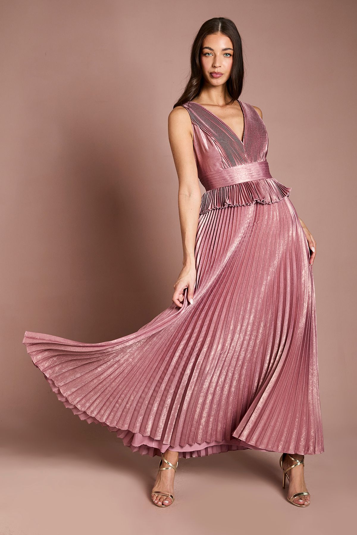 Coast Sleeveless Metallic Pleated Maxi Dress With Peplum Pink