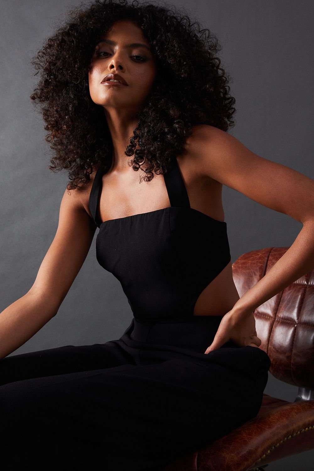 Warehouse Open Back Halter Neck Wide Leg Jumpsuit Black image 2