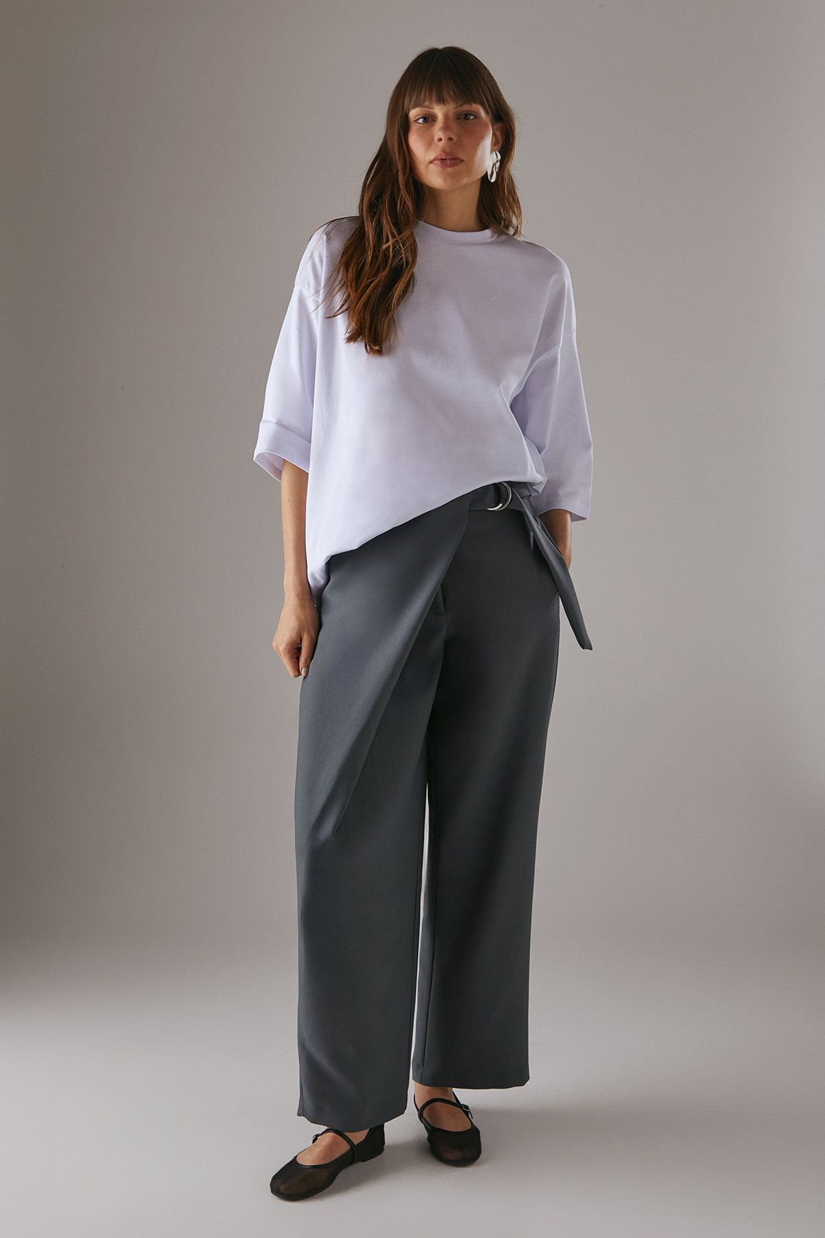 Warehouse Wrap Skirt Buckle Detail Wide Leg Trousers Grey
