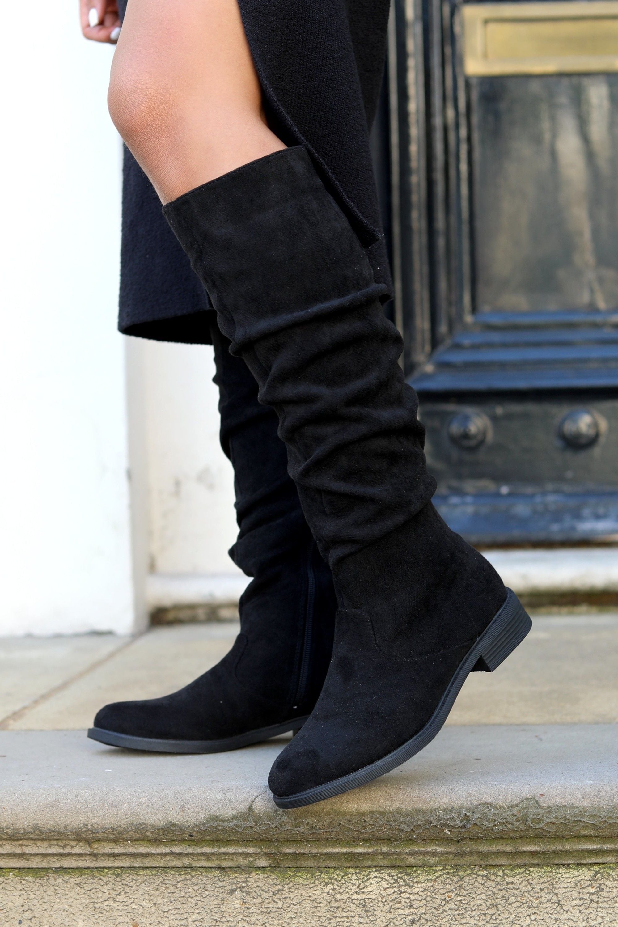 Linzi Ciara Black Faux Suede Ruched Flat Boot image 2
