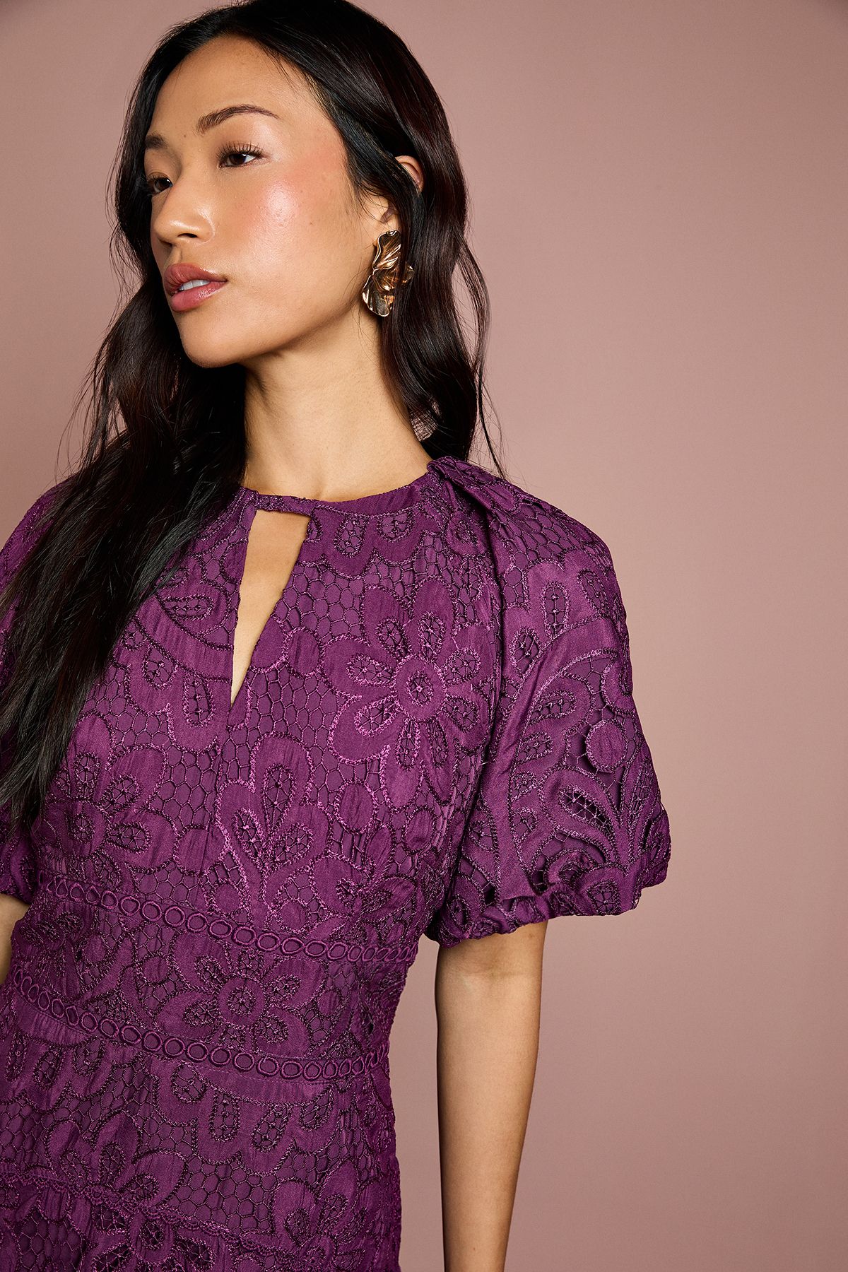 Coast Lace Hanky Hem Puff Sleeve Dress Plum image 4