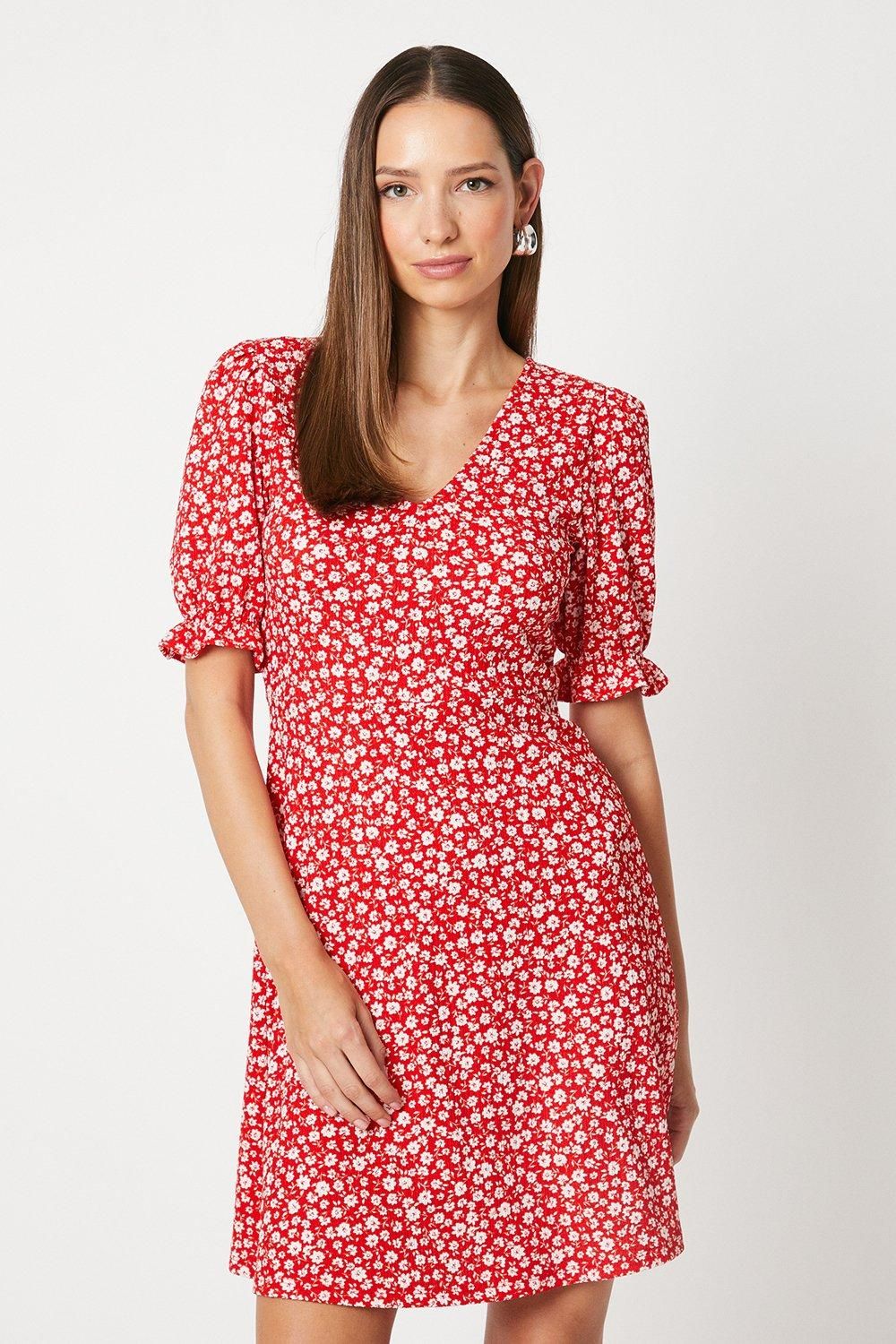 Dorothy Perkins Red Ditsy V Neck Short Sleeve Mini Dress Red
