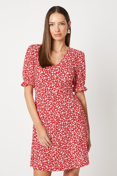 Dorothy Perkins Red Ditsy V Neck Short Sleeve Mini Dress Red