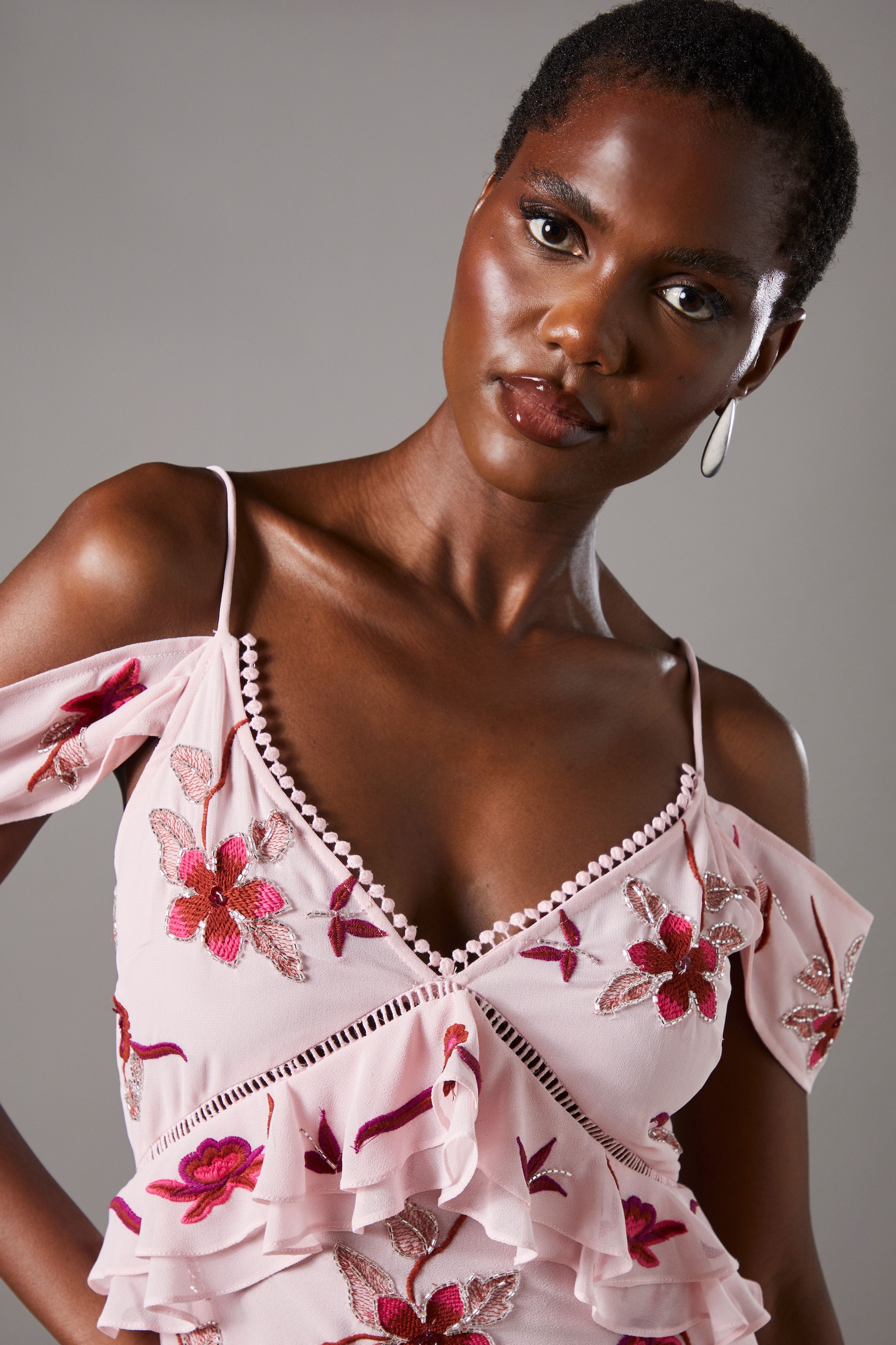 Coast Sequin Embellished Off Shoulder Midi Wedding Guest Dress Pale Pink image 4