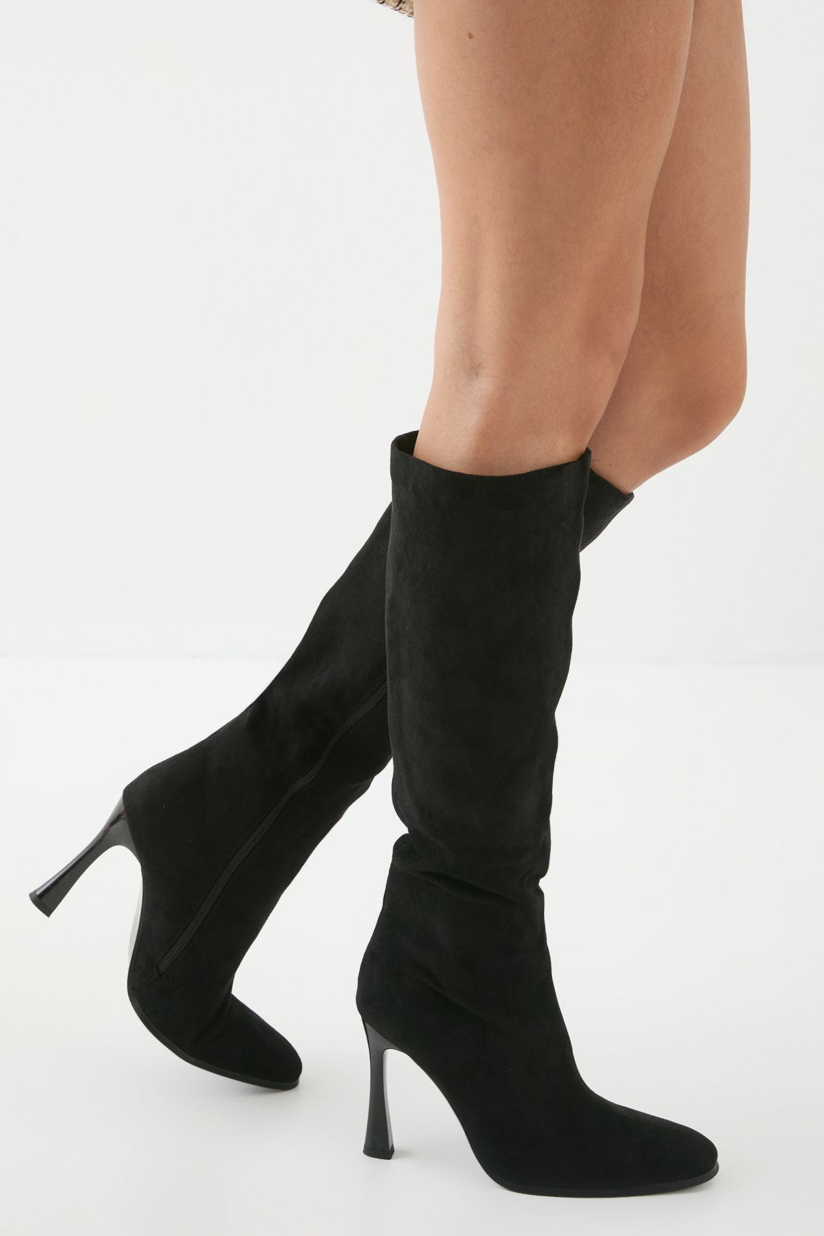 MissPap Faux Suede High Flared Stiletto Knee High Boots Natural Black image 3