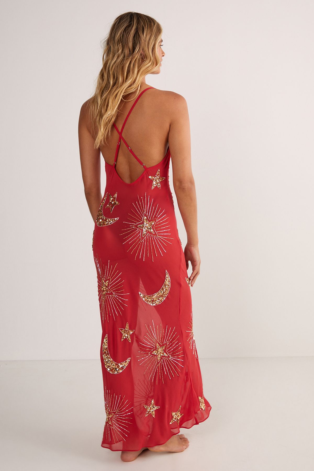 NastyGal Premium Hand Embellished Celestial Cowl Neck Maxi Beach Dress Red image 4