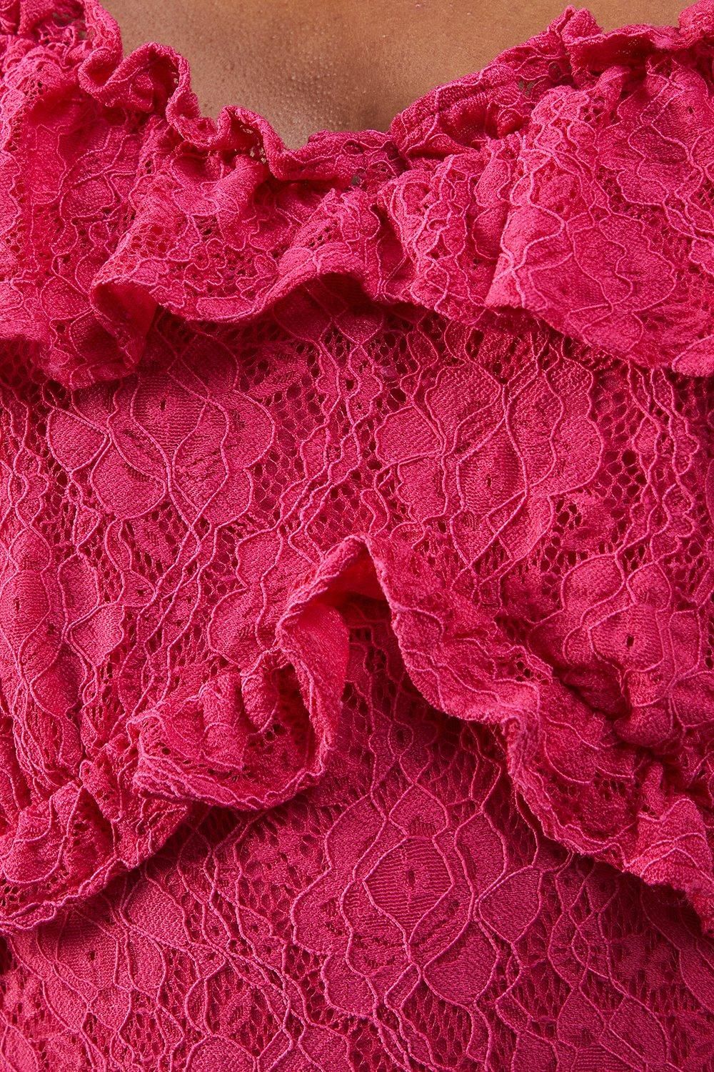 Warehouse Corded Lace Ruffle Fallen Shoulder Midi Dress Pink image 5