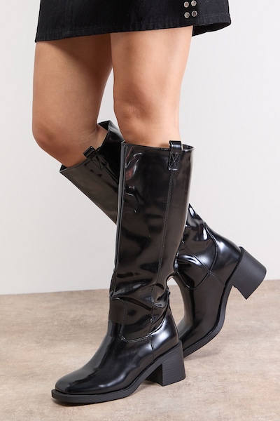 Oasis Luna High Shine Faux Leather Gaucho Knee Boots True Black