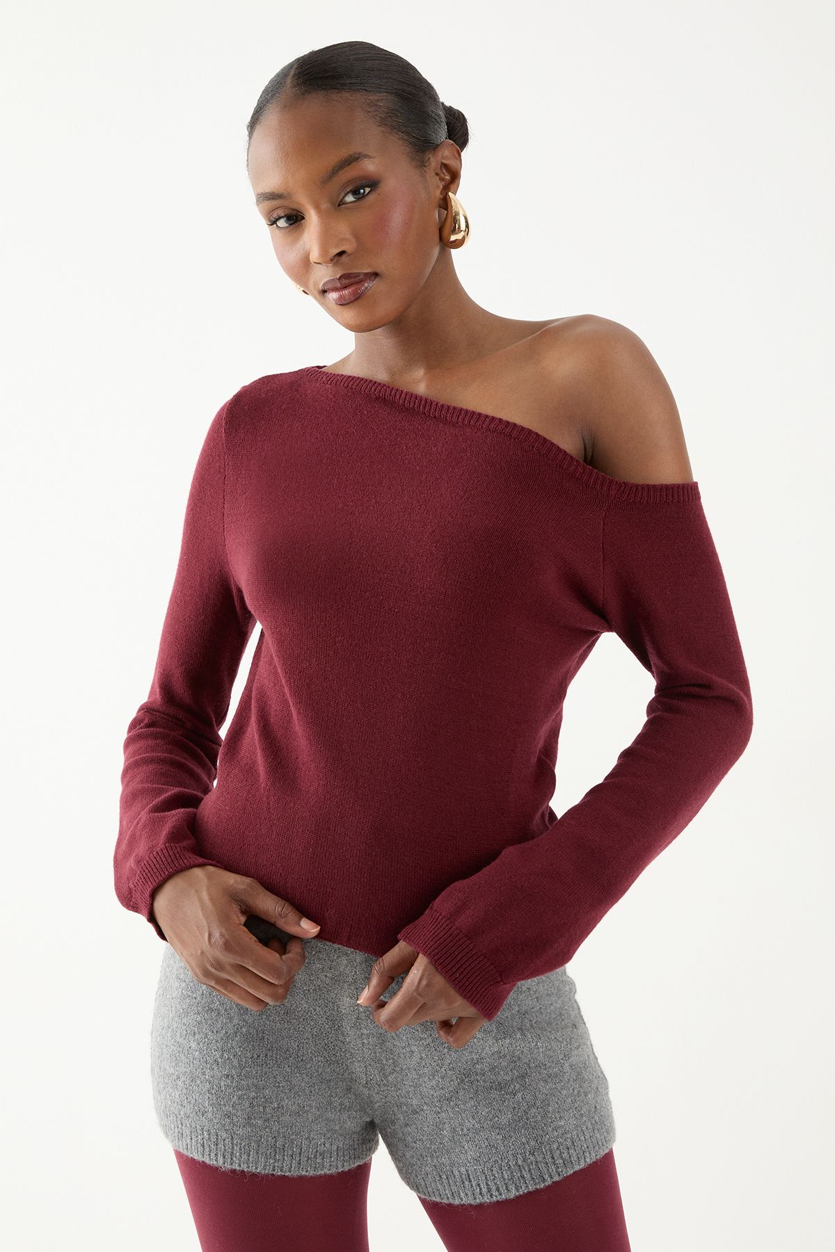MissPap Knitted Asymmetric Neckline Top Wine image 3