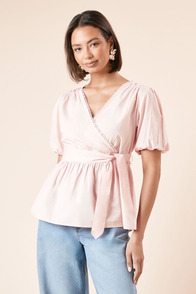 Dorothy Perkins Scallop Trim Wrap Poplin Blouse Pink