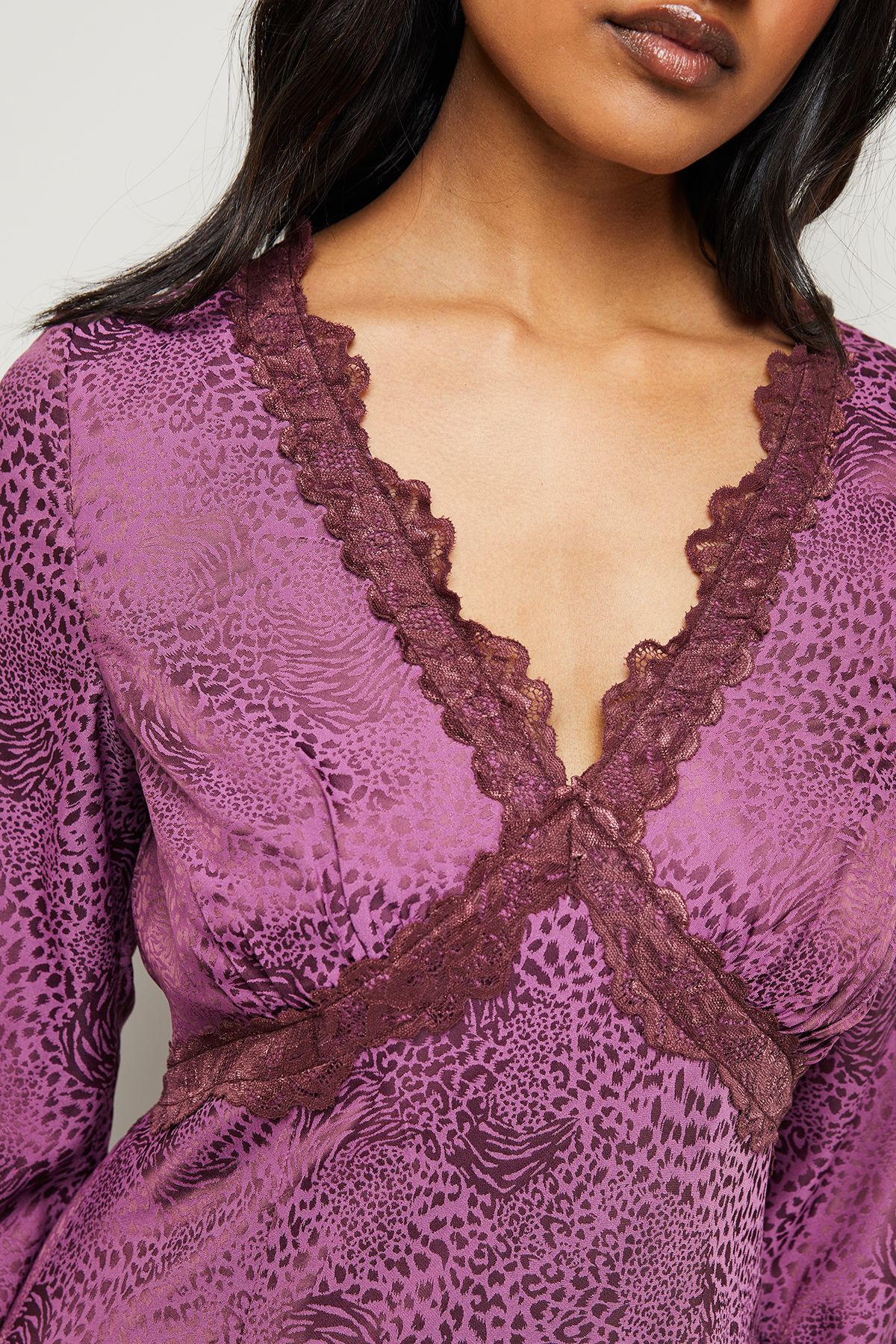 Warehouse Satin Jacquard Lace Insert Godet Midi Dress Animal image 5