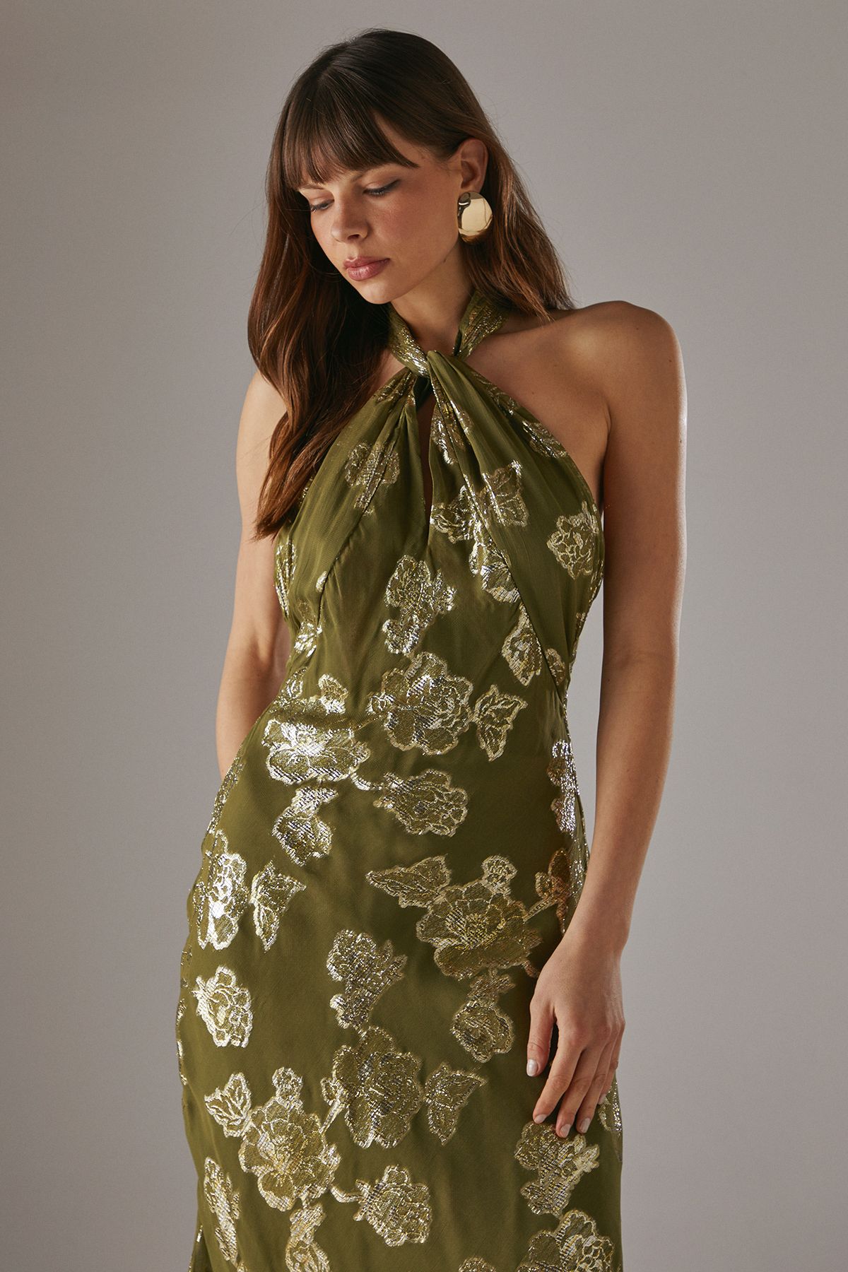 Warehouse Metallic Chiffon Fringe Hem Halter Wrap Front Midi Dress Olive image 2