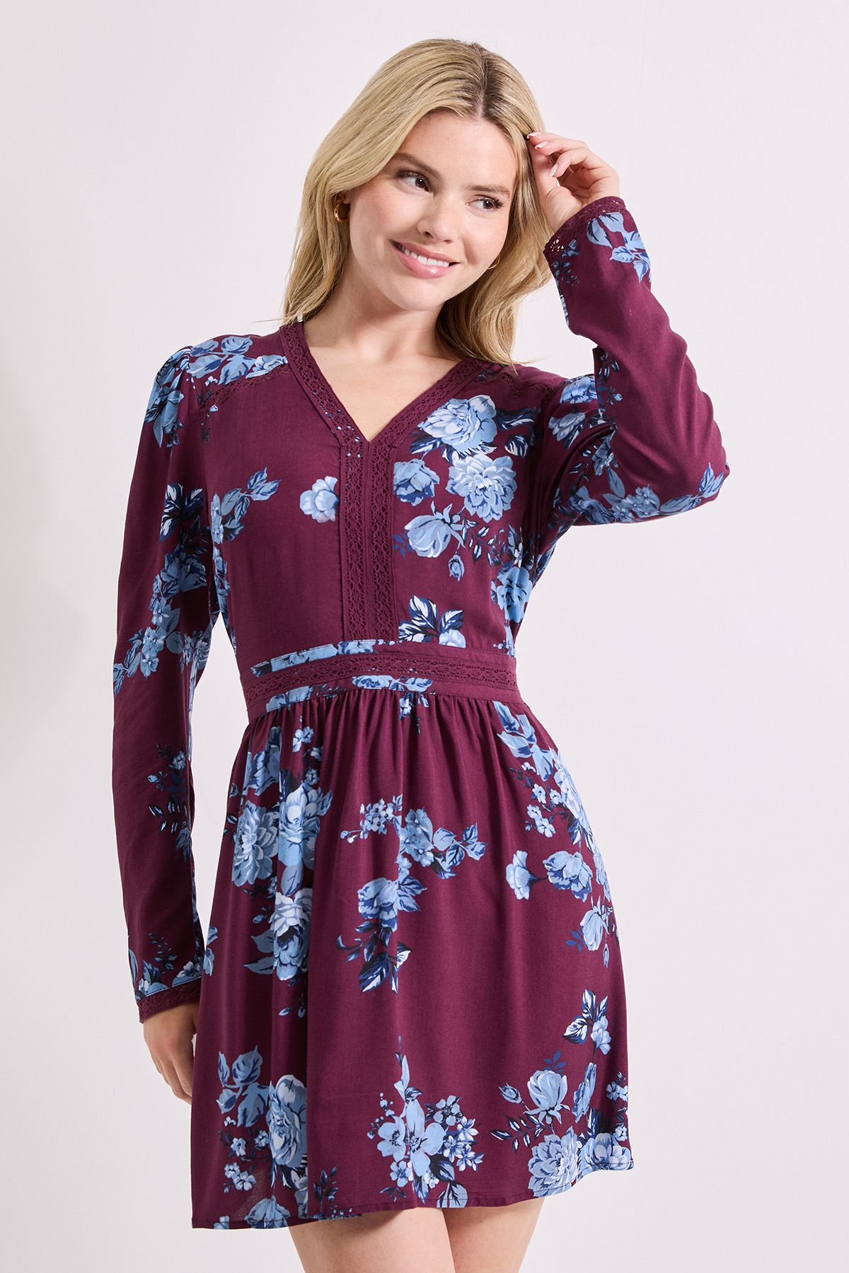 Dorothy Perkins Blue Floral Lace Trim Long Sleeve Printed Mini Dress Blue