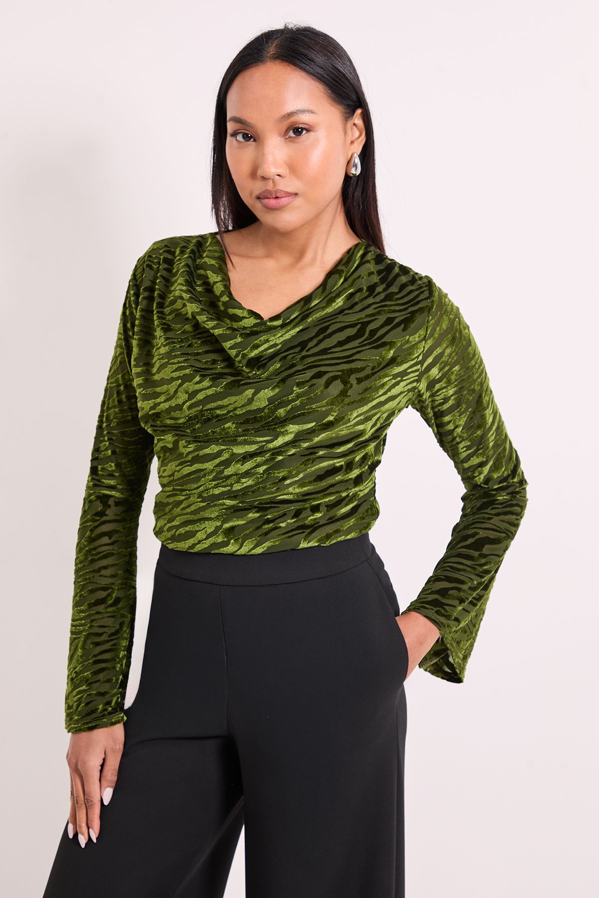 Principles Fluted Sleeve Cowl Neck Top Olive
