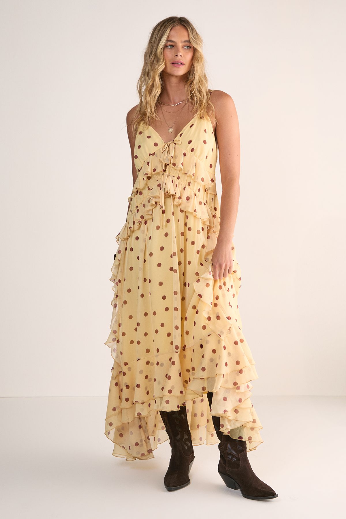 NastyGal Polka Dot Ruffle Tie Front Maxi Dress Lemon image 1