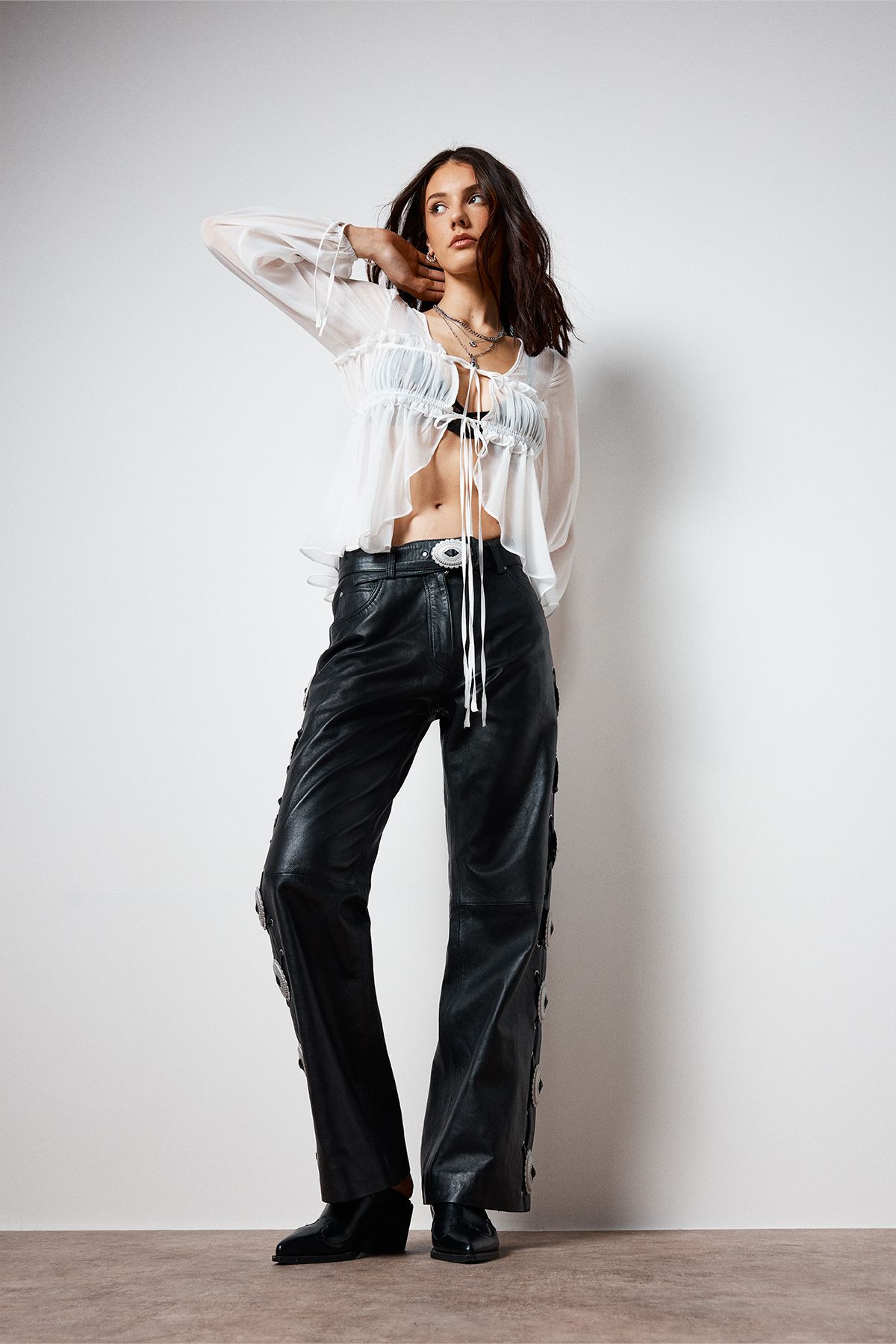 NastyGal Chiffon Ruched Tie Front Balloon Sleeve Top White image 2