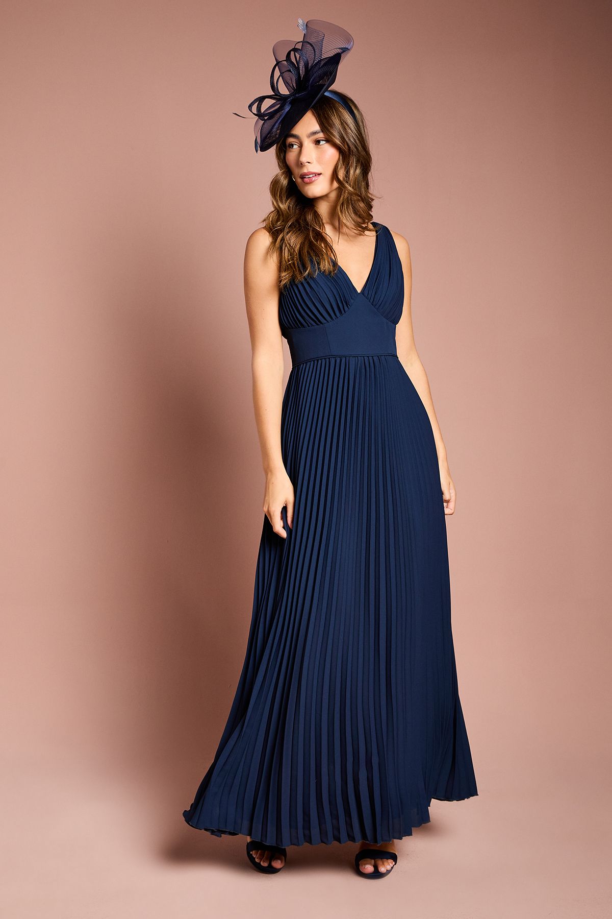 Coast Navy Pleated Plunge Neck Maxi Bridesmaid Dress PLT
