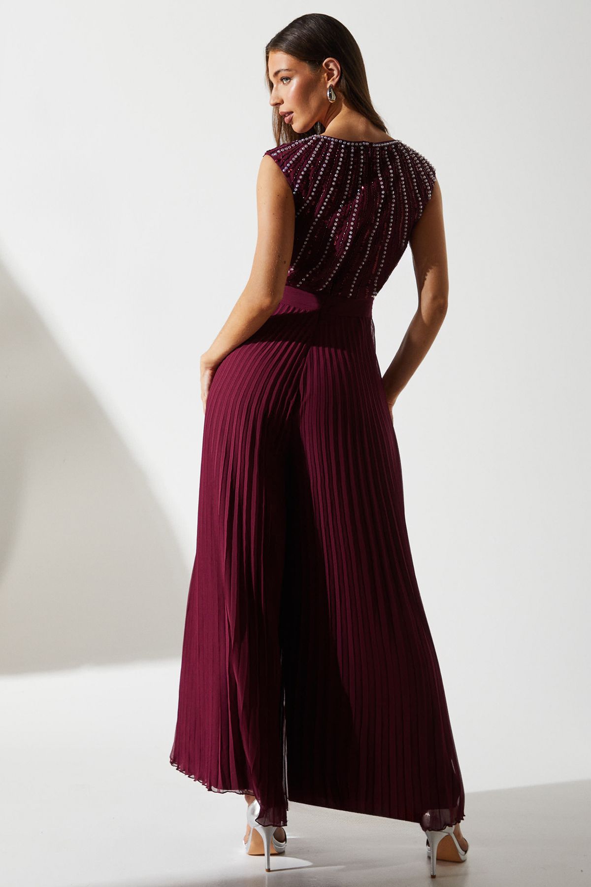 Coast Party Diamante Chiffon Pleated Jumpsuit Wine image 3