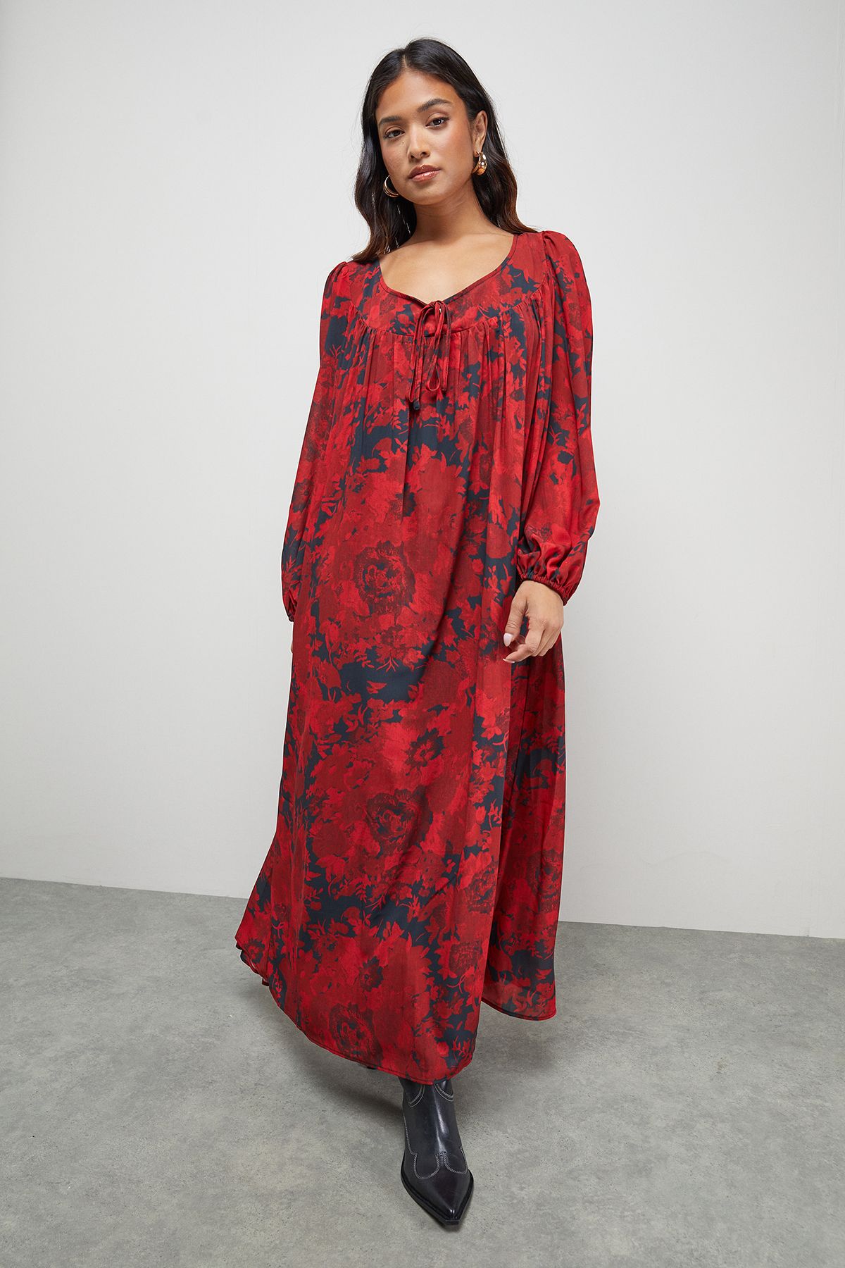 Warehouse Petite Chiffon Tie Front Volume Midi Smock Dress Red image 1
