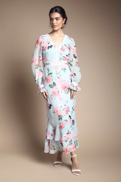 Oasis Tiered Bias Midi Dress Pale Blue