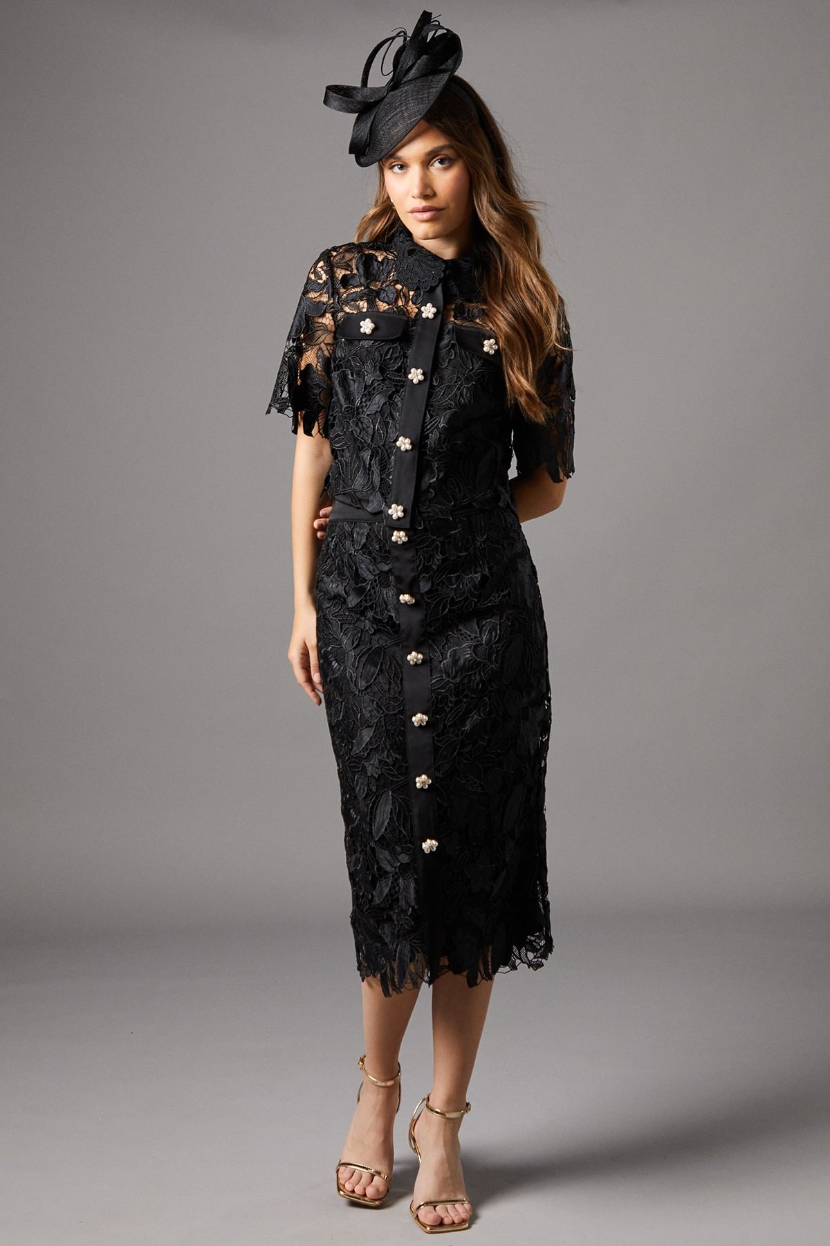 Coast Lace Pearl Button Pencil Skirt Black image 1