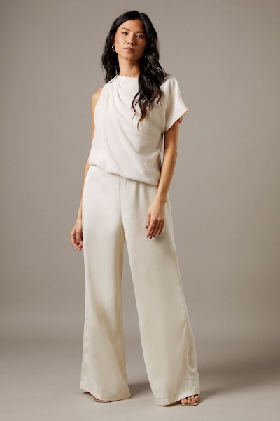 Warehouse Satin Chiffon Mix One Shoulder Drape Jumpsuit Cream