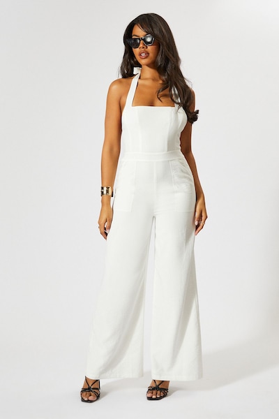 MissPap Linen Look Halter Neck Jumpsuit White