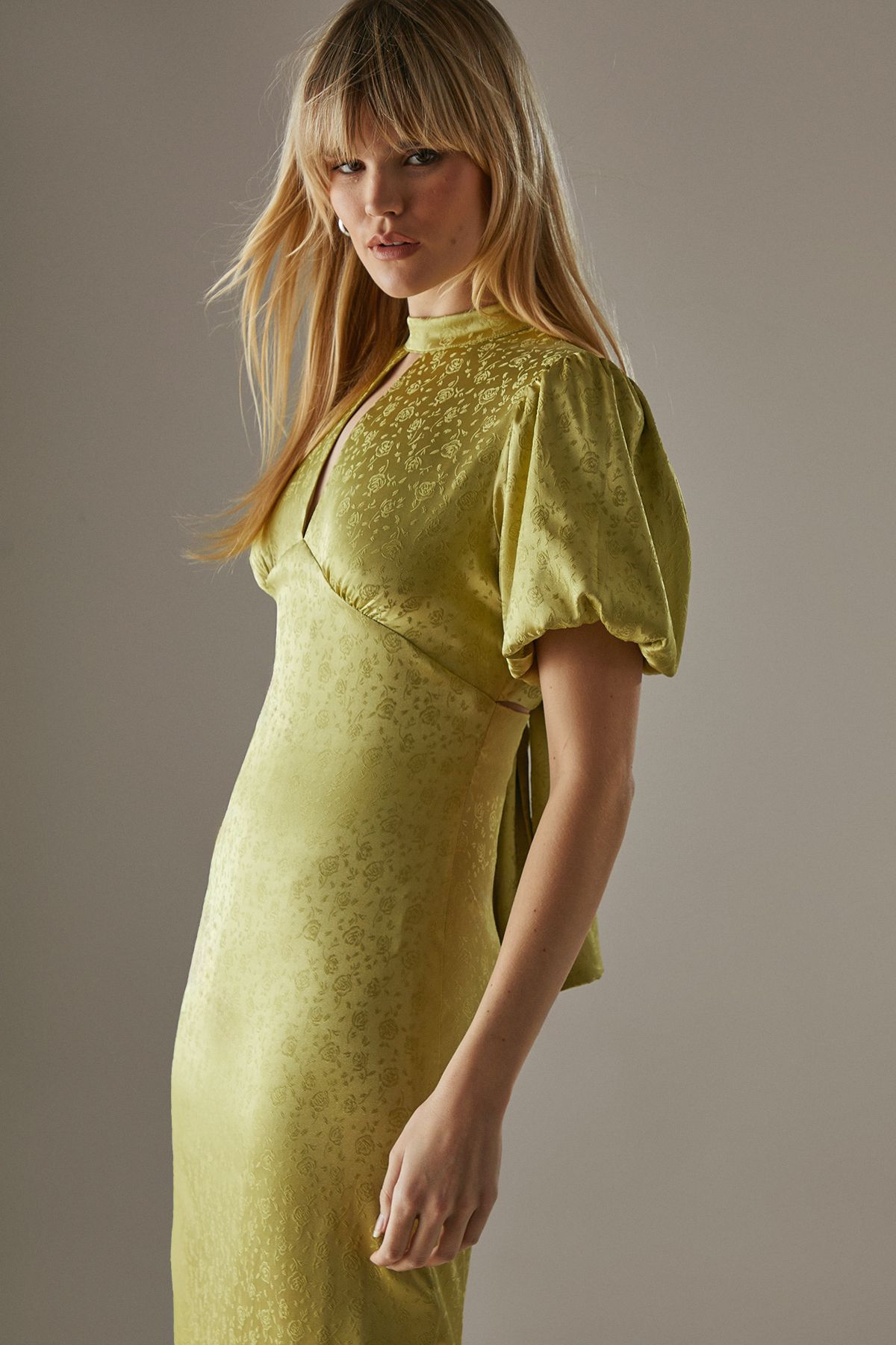 Warehouse Rose Satin Jacquard Puff Sleeve Tie Back Midi Dress Lime Yellow image 2