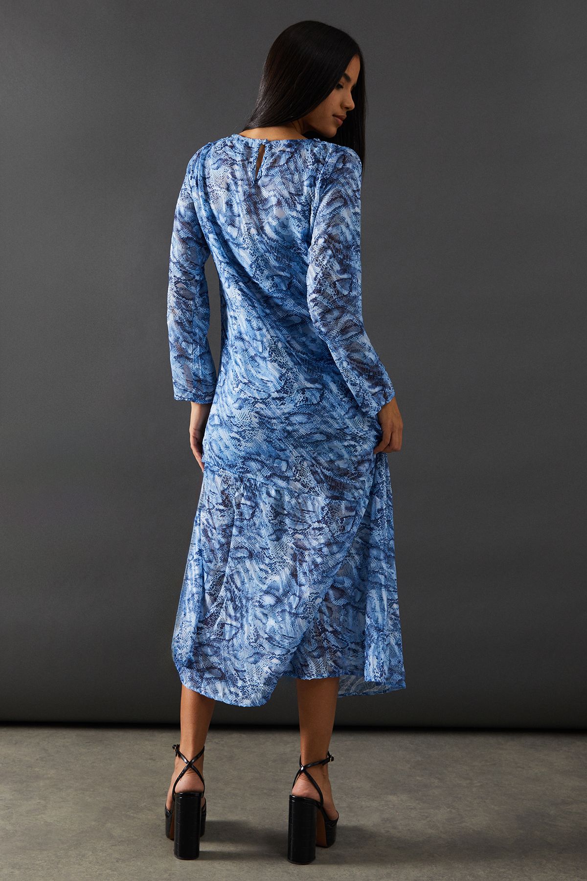 Warehouse Petite Burnout Snake Chiffon Column Long Sleeve Maxi Dress Blue image 3