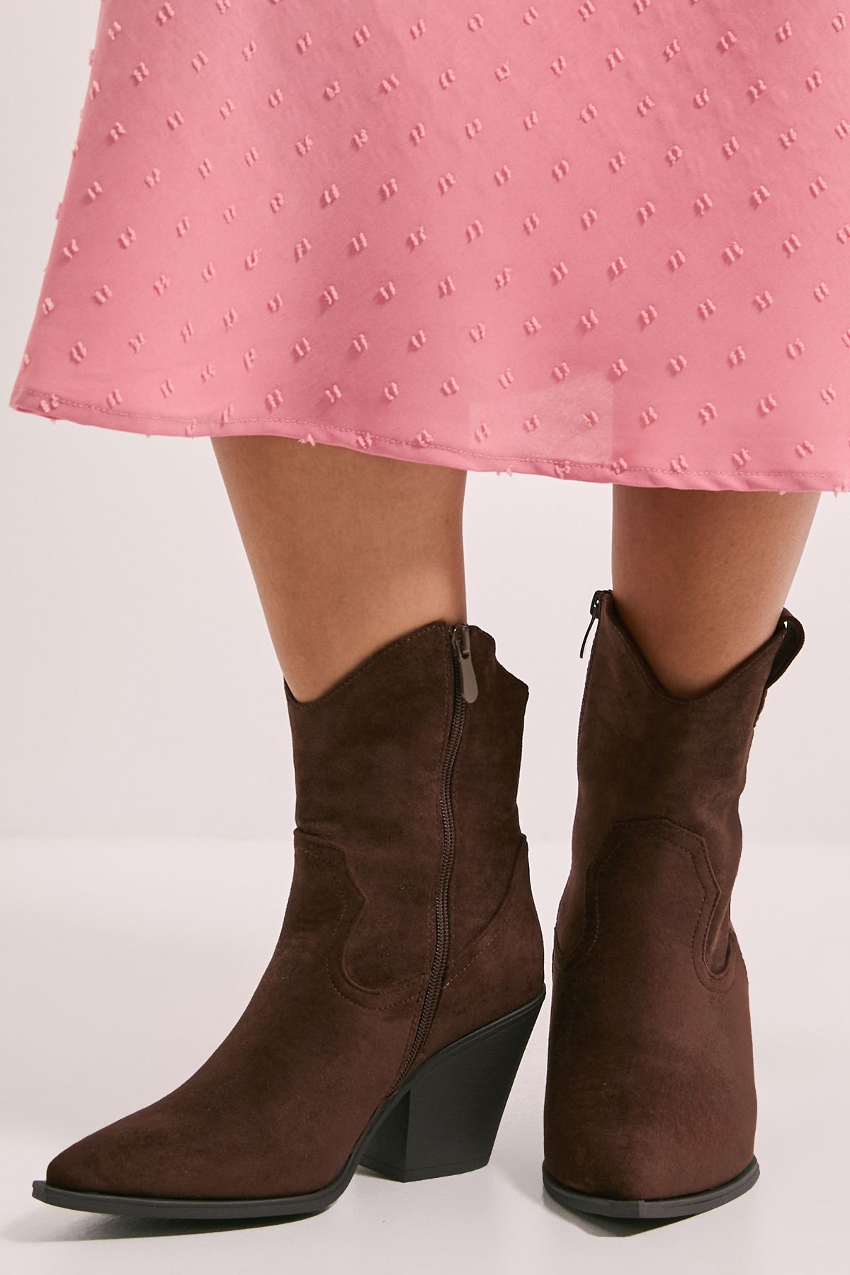 Dorothy Perkins Jenny Faux Suede Detail Western Cowboy Ankle Boots Chocolate image 2