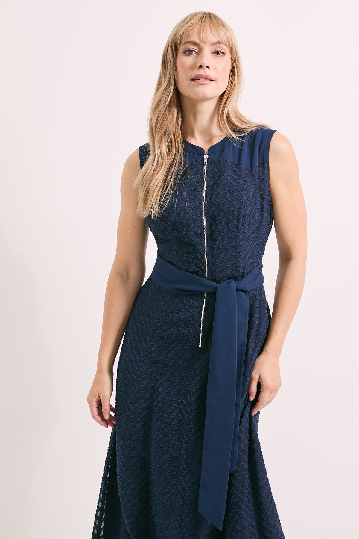 Principles Navy Western Yoke Tie Waist Jacquard Midi Dress Navy image 2