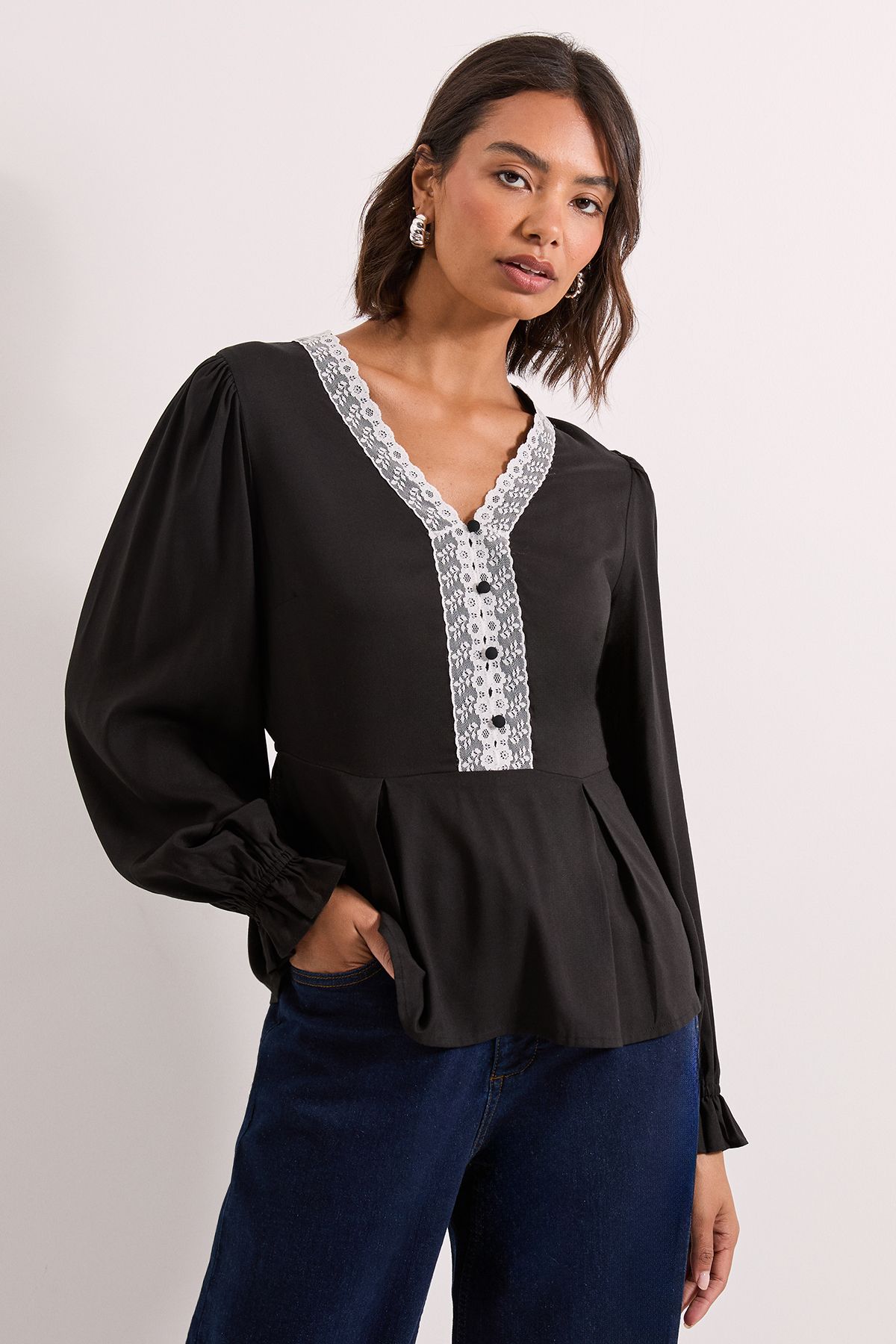 Dorothy Perkins Lace Trim Blouson Sleeve Peplum Top Black image 1